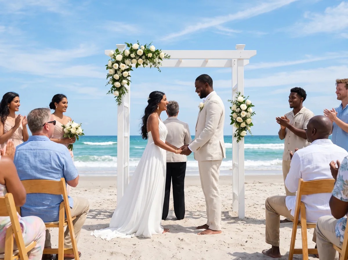 A beach wedding ceremony under a floral arch